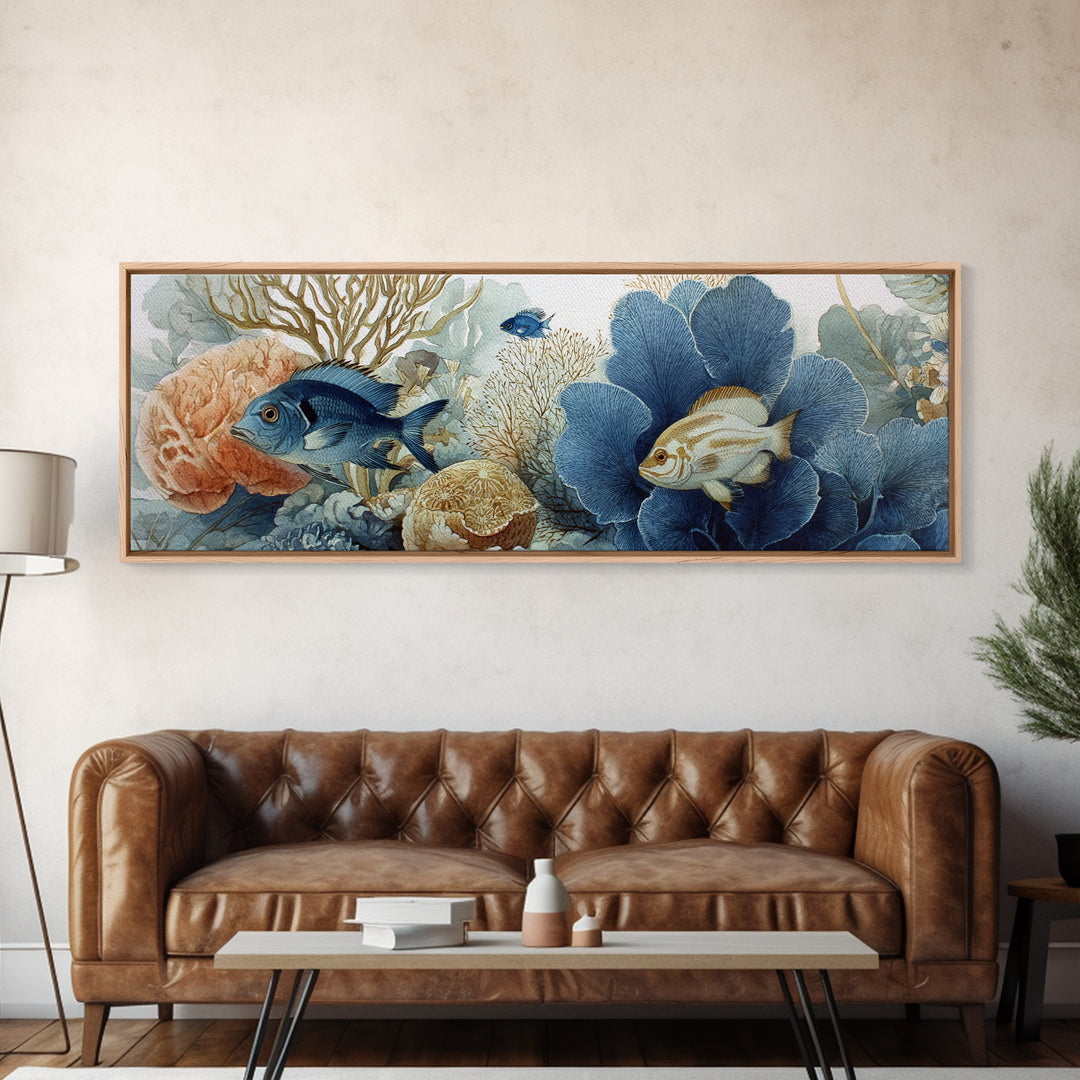 Tropical Fish over Coral Reef Framed Canvas Print, Tropical Art, Textured Painting, Living Room Decor, Fine Art, Tropic, TRO-3x1-27