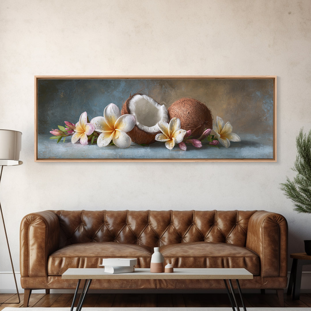 Coconut and Plumeria Still Life Framed Canvas Print, Tropical Art, Botanical Art, Living Room Decor, Oil Painting, Tropic, TRO-3x1-28
