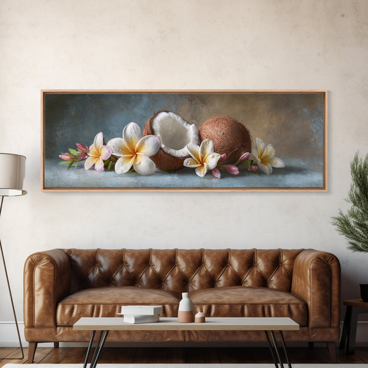 Coconut and Plumeria Still Life Framed Canvas Print, Tropical Art, Botanical Art, Living Room Decor, Oil Painting, Tropic, TRO-3x1-28