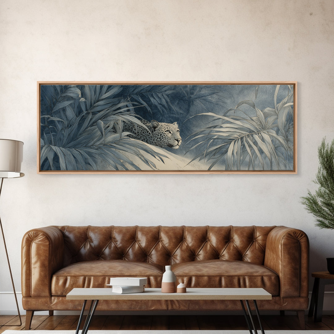 Leopard Hidden Among Palm Leaves Canvas Print, Tropical Art, Print, Living Room Decor, Fine Art, Tropic, Coastal Wall Art, TRO-3x1-30