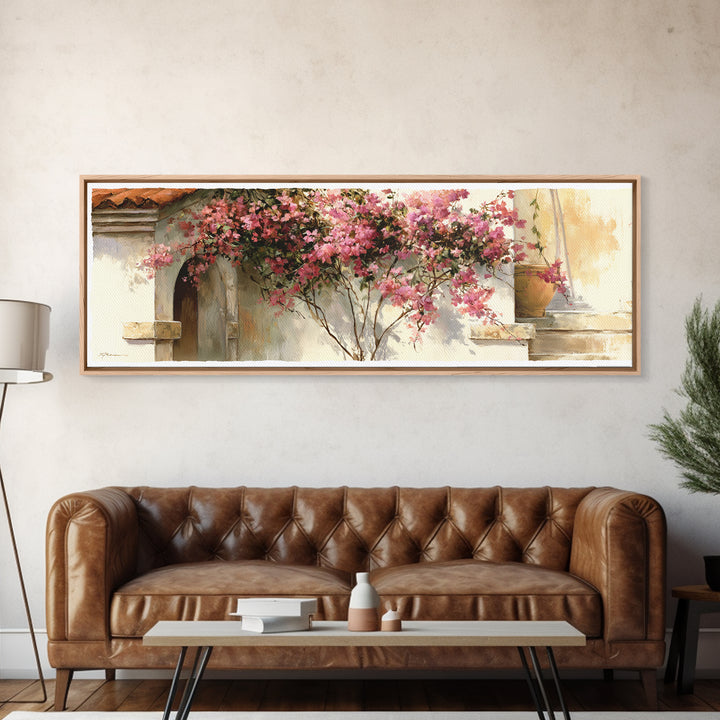 Pink Bougainvillea over White Wall Framed Canvas Print, Tropical Art, Beach Prints, Living Room Decor, Watercolor Art, Tropic, TRO-3x1-32