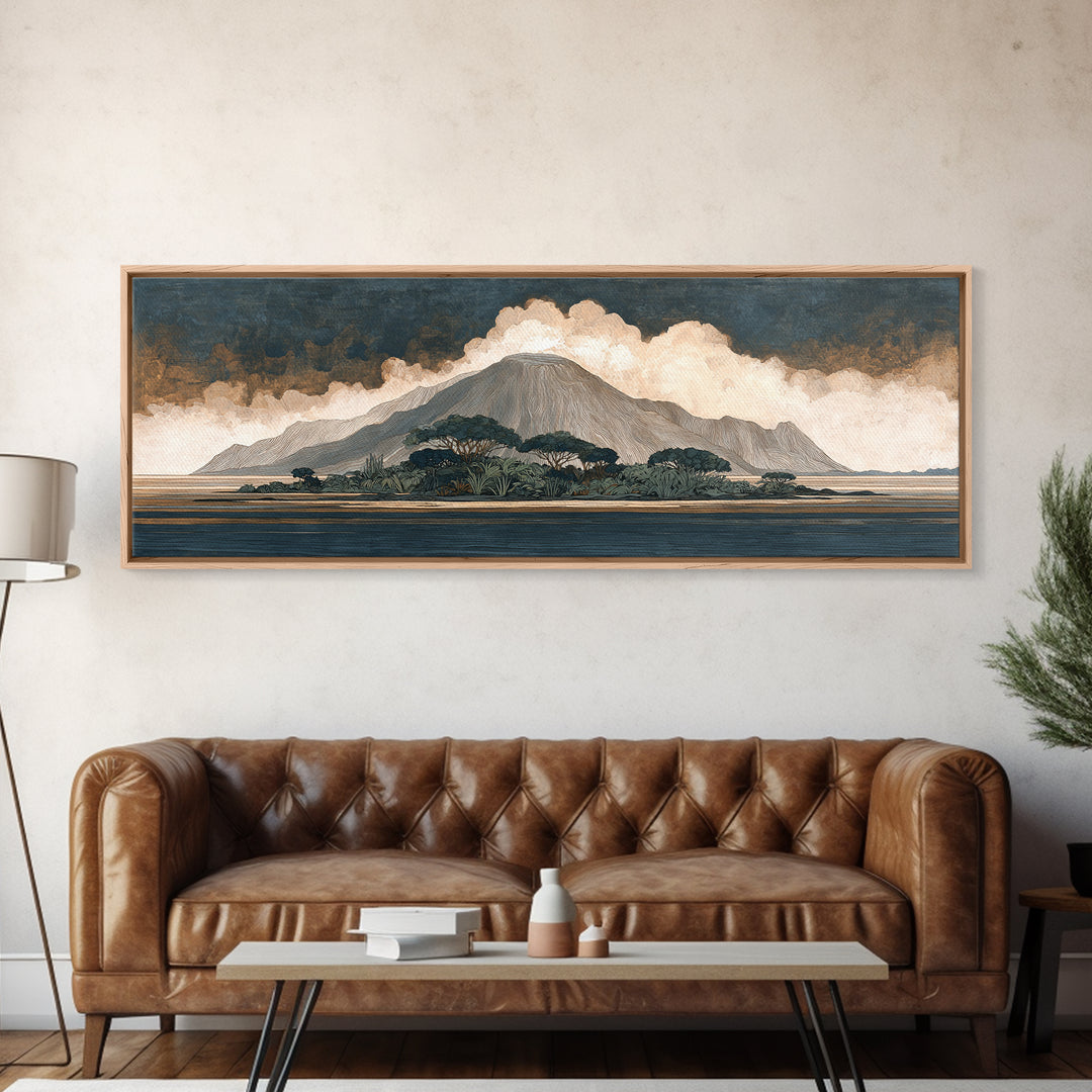 Island Volcano with Lush Foreground Canvas Print, Tropical Art, Beach Wall Art, Living Room Decor, Tropic, Statement Artwork, TRO-3x1-33