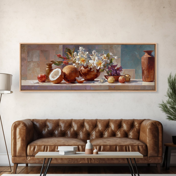 Coconut and Plumeria Still Life Canvas Print, Tropical Art, Downloadable Prints, Living Room Decor, Watercolor Art, Tropic, TRO-3x1-4