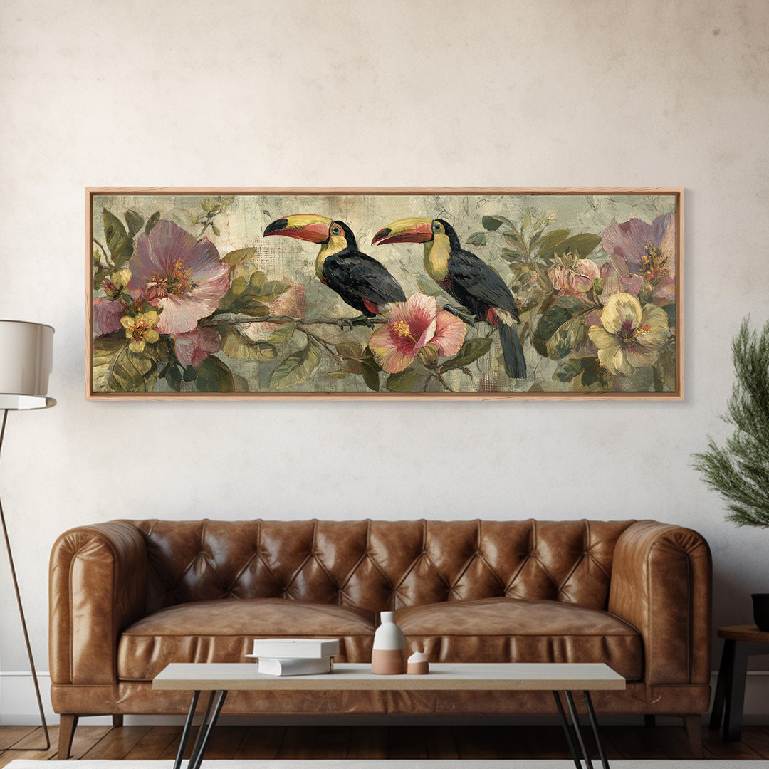 Toucans Surrounded by Bright Jungle Flowers Canvas Print, Tropical Art, Art Print, Living Room Decor, Fine Art, Tropic, TRO-3x1-43