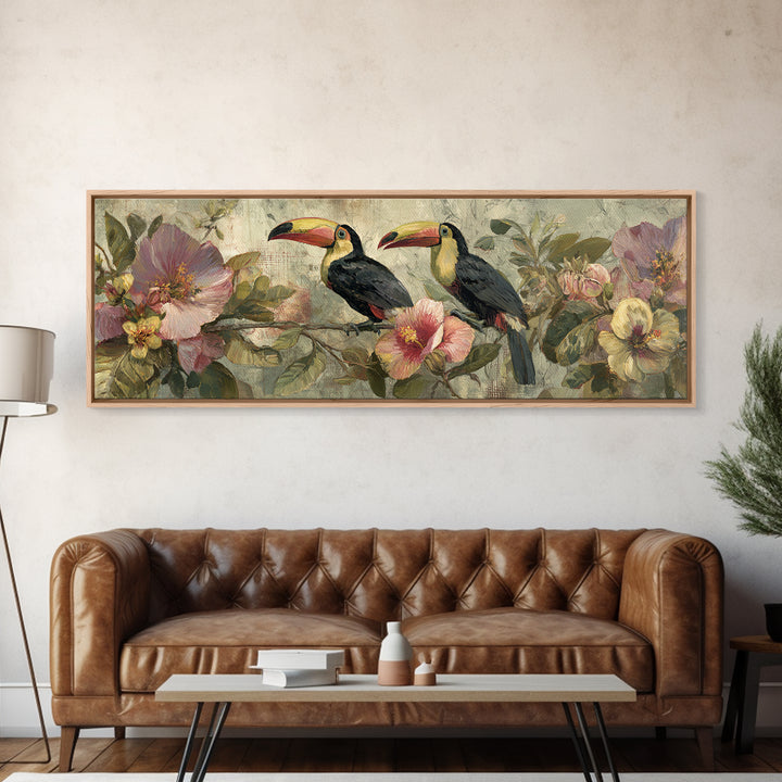 Toucans Surrounded by Bright Jungle Flowers Canvas Print, Tropical Art, Art Print, Living Room Decor, Fine Art, Tropic, TRO-3x1-43