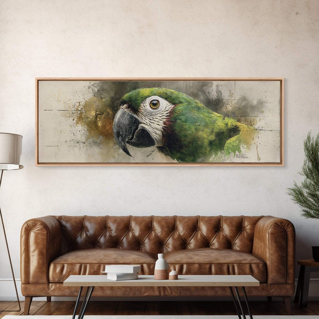 Parrot Portrait with Emerald Feathers Canvas Print, Tropical Art, Textured Painting, Living Room Decor, Fine Art, Tropic, TRO-3x1-48