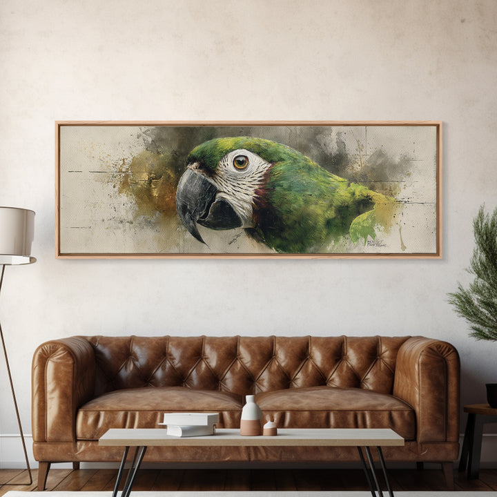 Parrot Portrait with Emerald Feathers Canvas Print, Tropical Art, Textured Painting, Living Room Decor, Fine Art, Tropic, TRO-3x1-48