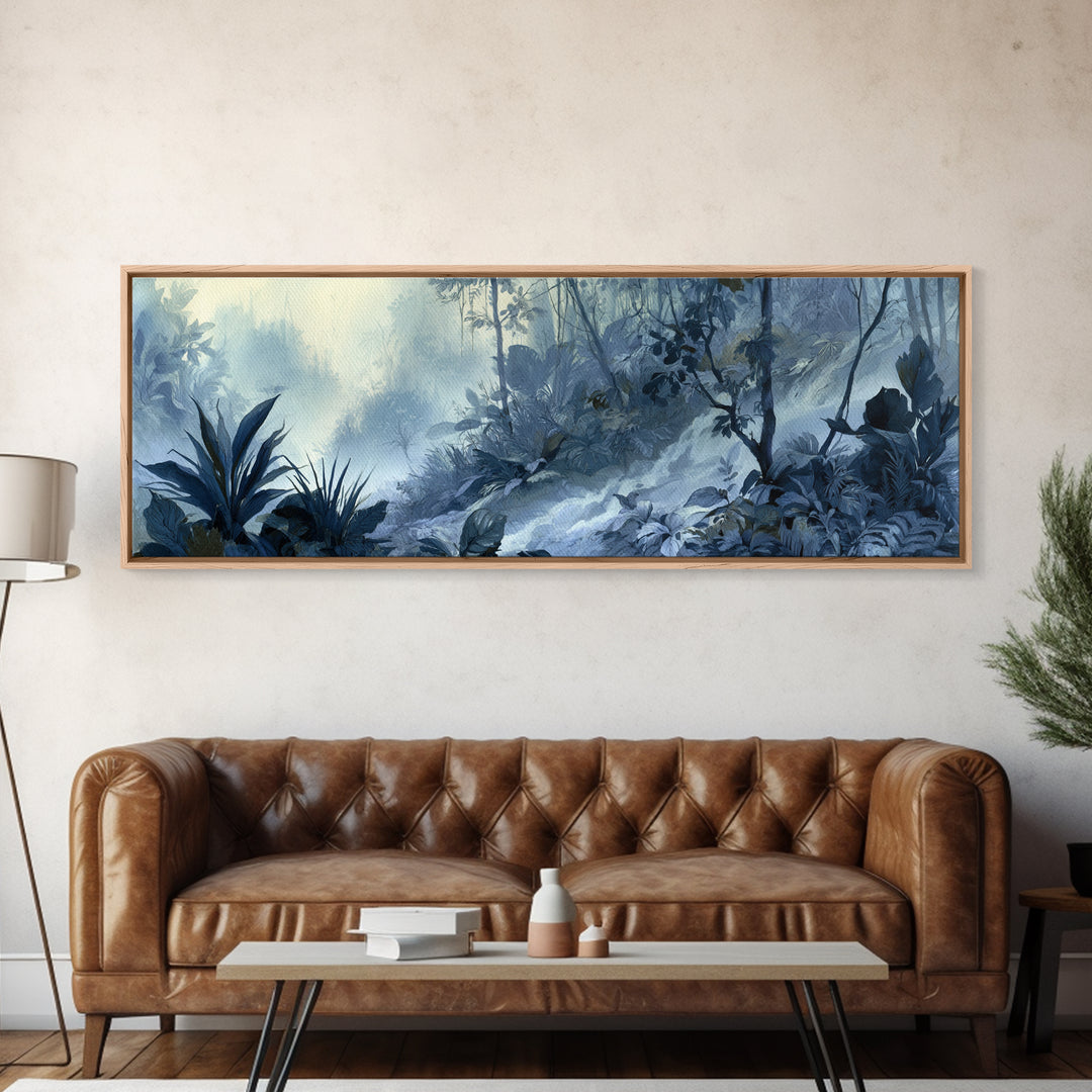 Jungle Waterfall with Misty Light Framed Canvas Print, Tropical Art, Bird Art, Living Room Decor, Watercolor Art, Tropic, TRO-3x1-5