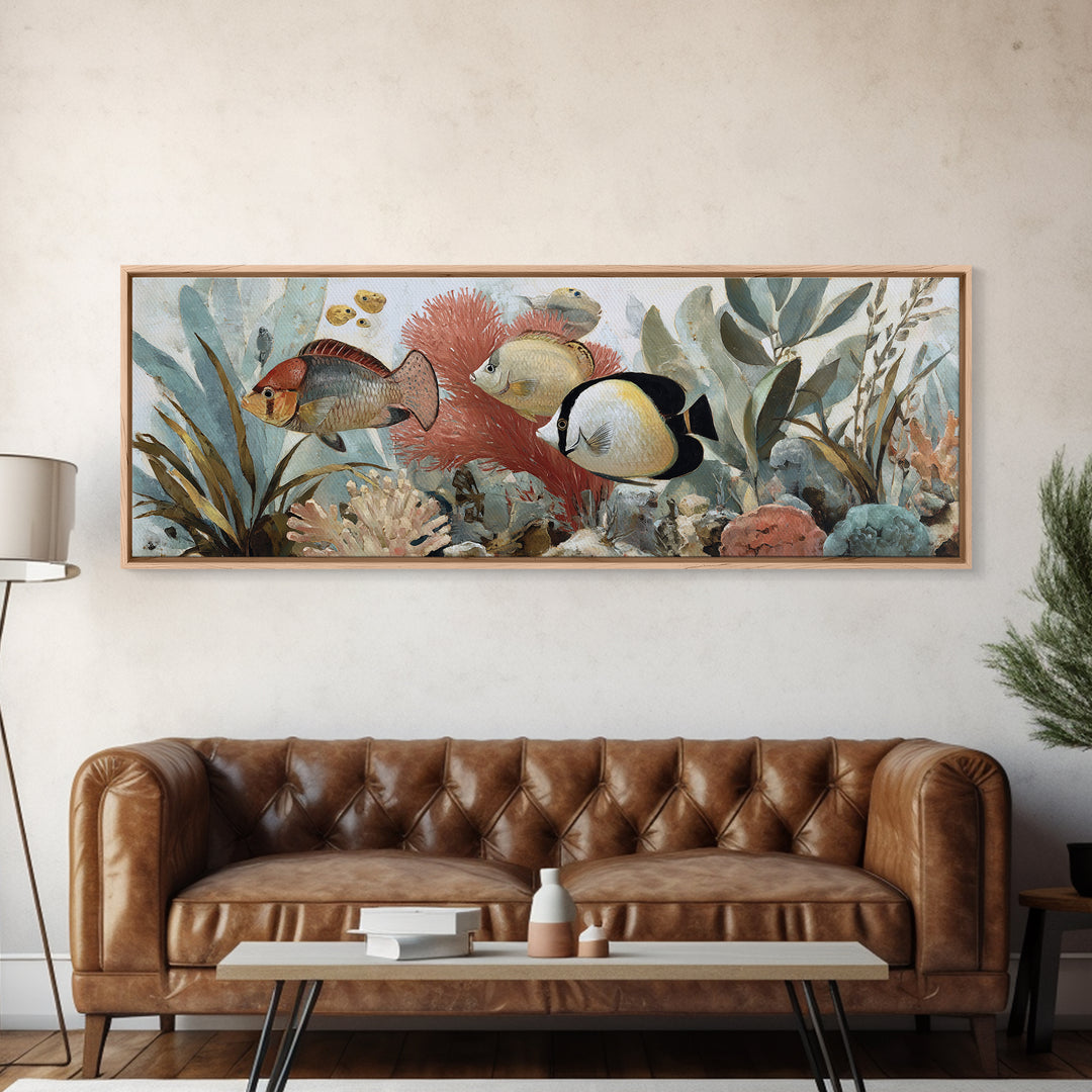 Tropical Fish over Coral Reef Framed Canvas Print, Tropical Art, Printable, Living Room Decor, Fine Art, Tropic, Coastal Decor, TRO-3x1-51