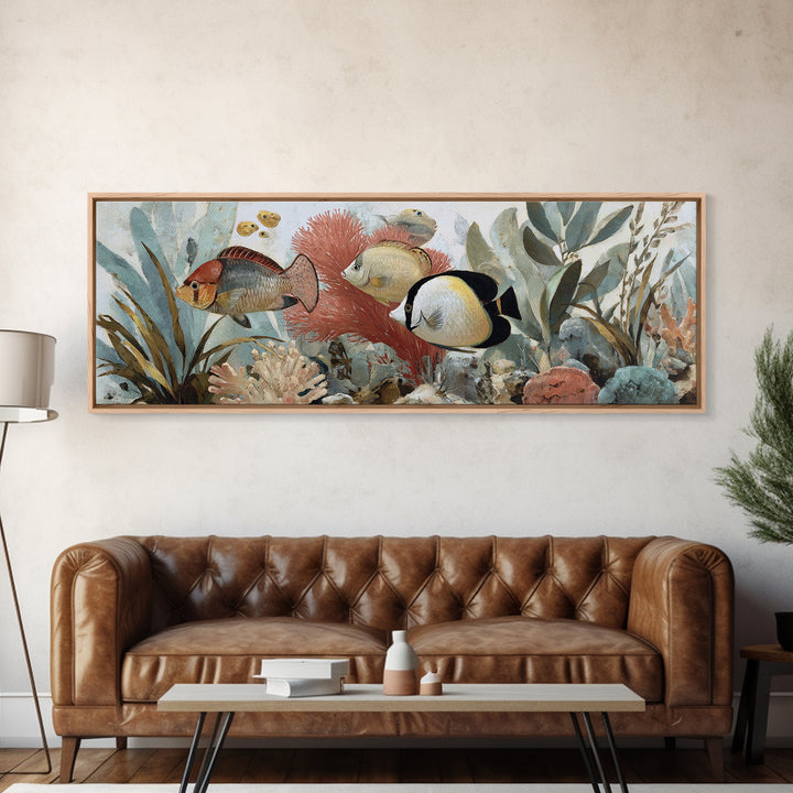 Tropical Fish over Coral Reef Framed Canvas Print, Tropical Art, Printable, Living Room Decor, Fine Art, Tropic, Coastal Decor, TRO-3x1-51