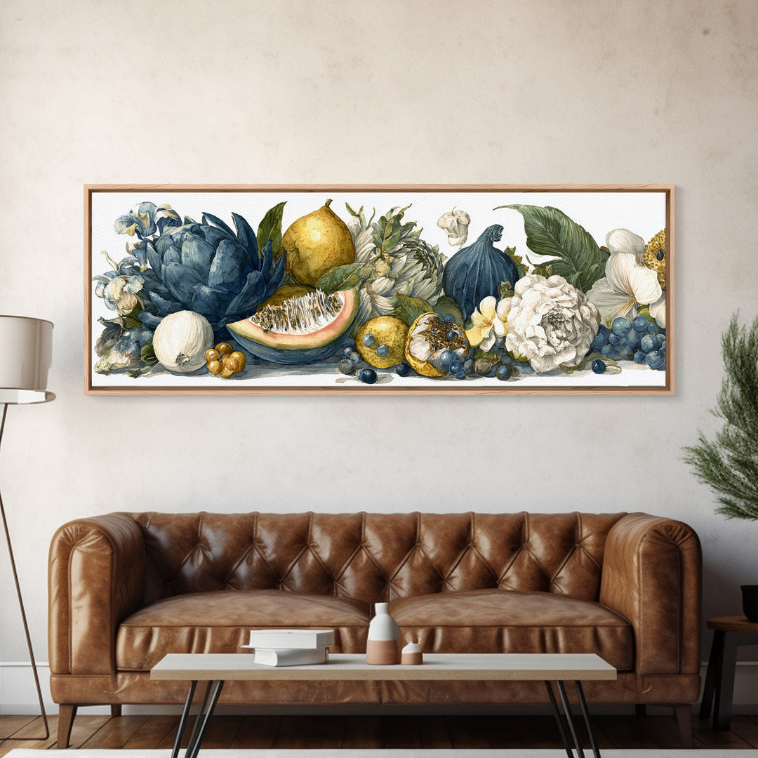 Tropical Fruit Market Arrangement Framed Canvas Print, Tropical Art, Decor, Living Room Decor, Fine Art, Tropic, Bird Art, TRO-3x1-55