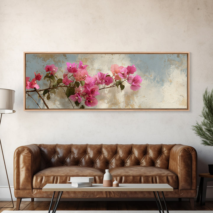 Pink Bougainvillea over White Wall Framed Canvas Print, Tropical Art, Minimalist Decor, Living Room Decor, Fine Art, Tropic, TRO-3x1-56