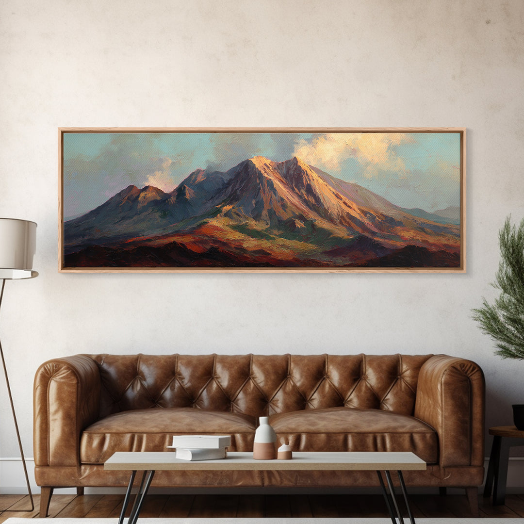 Island Volcano with Lush Foreground Framed Canvas Print, Tropical Art, Whimsical Art, Living Room Decor, Fine Art, Tropic, TRO-3x1-57