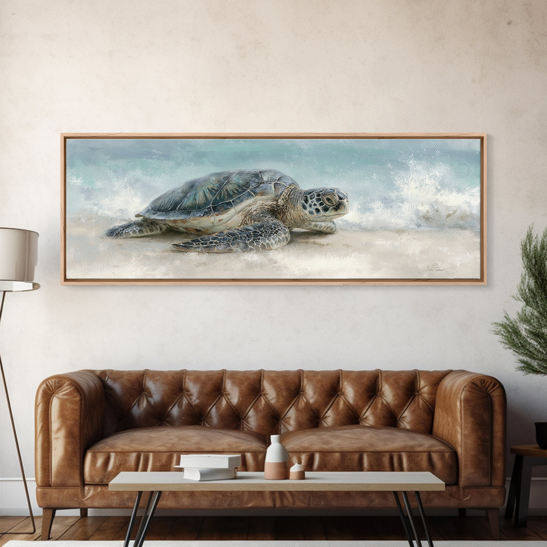 Sea Turtle Near Tropical Reef Framed Canvas Print, Tropical Art, Digital Prints, Living Room Decor, Fine Art, Tropic, TRO-3x1-59