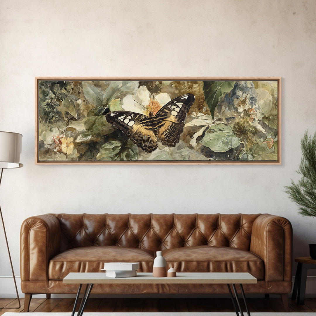 Tropical Butterfly and Flower Study Framed Canvas Print, Tropical Art, Living Room Decor, Watercolor Art, Tropic, TRO-3x1-63