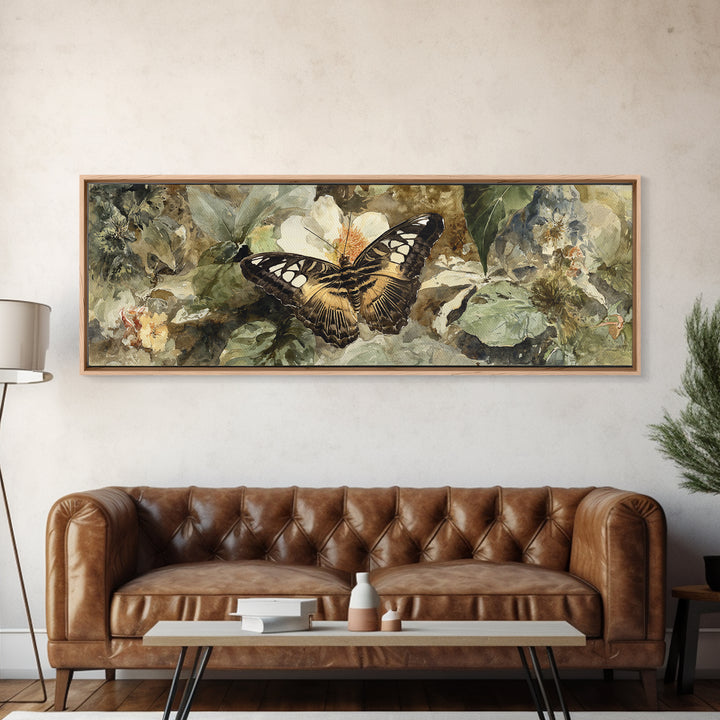 Tropical Butterfly and Flower Study Framed Canvas Print, Tropical Art, Living Room Decor, Watercolor Art, Tropic, TRO-3x1-63