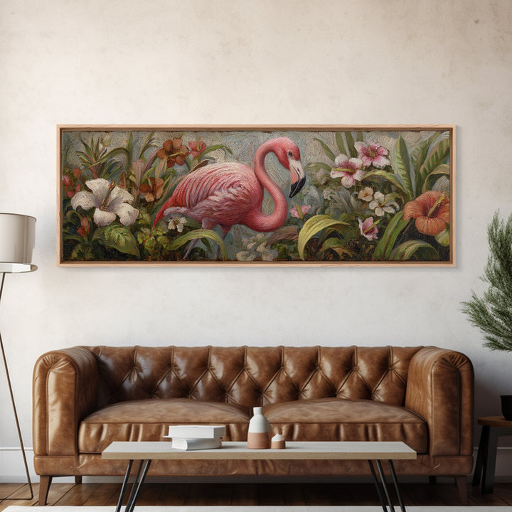 Pink Flamingos Among Tropical Water Plants Canvas Print, Tropical Art, Watercolor Art, Living Room Decor, Fine Art, Tropic, TRO-3x1-66