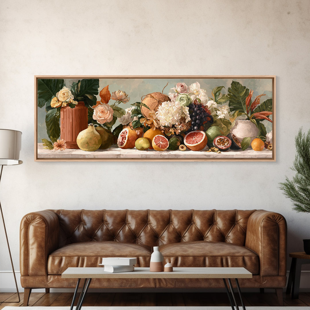 Tropical Fruit Market Arrangement Framed Canvas Print, Tropical Art, Statement Artwork, Living Room Decor, Fine Art, Tropic, TRO-3x1-7