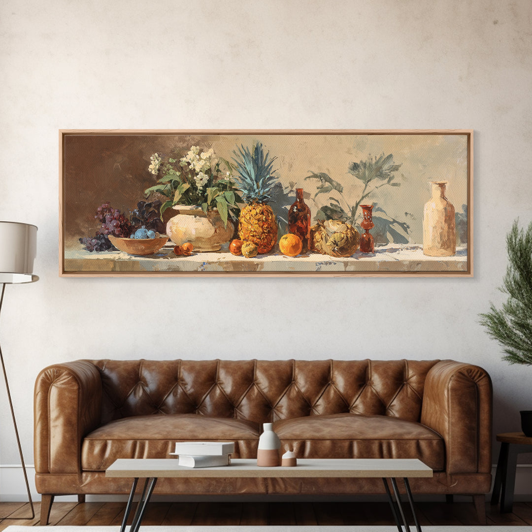 Pineapple and Palm Still Life Canvas Print, Tropical Art, Wall Art, Living Room Decor, Oil Painting, Tropic, Pink Wall Art, TRO-3x1-70