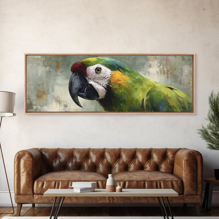 Parrot Portrait with Emerald Feathers Framed Canvas Print, Tropical Art, Wall Decor, Living Room Decor, Fine Art, Tropic, TRO-3x1-72