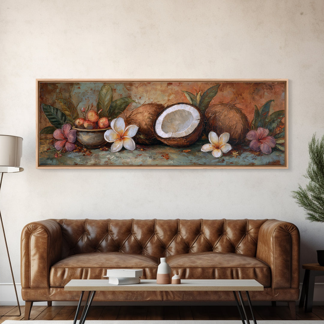 Coconut and Plumeria Still Life Canvas Print, Tropical Art, Decor, Living Room Decor, Tropic 276, Bird Art, Set of Prints, TRO-3x1-76