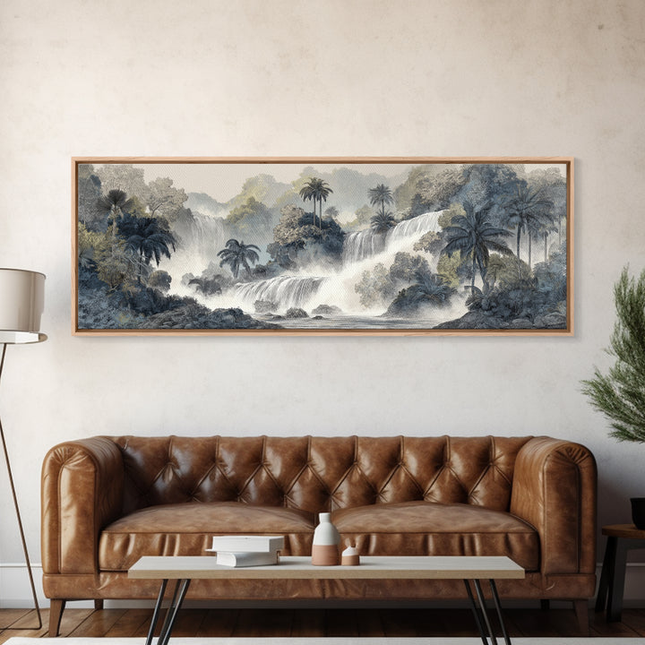 Jungle Waterfall with Misty Light Framed Canvas Print, Tropical Art, Gallery Wall Art, Living Room Decor, Fine Art, Tropic, TRO-3x1-77