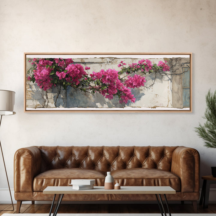 Pink Bougainvillea over White Wall Canvas Print, Tropical Art, Digital Prints, Living Room Decor, Tropic 280, Set of Prints, TRO-3x1-80