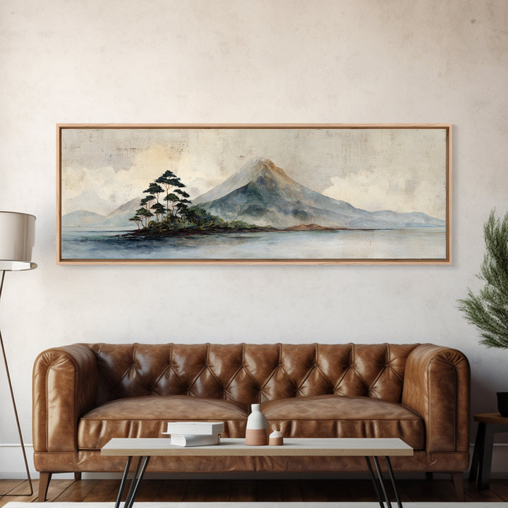 Island Volcano with Lush Foreground Framed Canvas Print, Tropical Art, Whimsical Art, Living Room Decor, Fine Art, Tropic, TRO-3x1-81