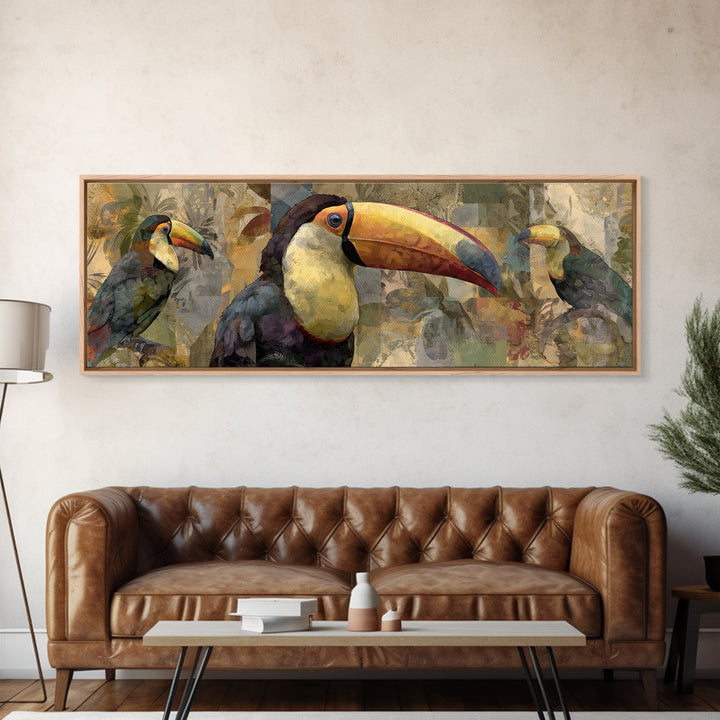 Colorful Jungle Bird Pattern Framed Canvas Print, Tropical Art, Print, Living Room Decor, Fine Art, Tropic, Coastal Wall Art, TRO-3x1-84
