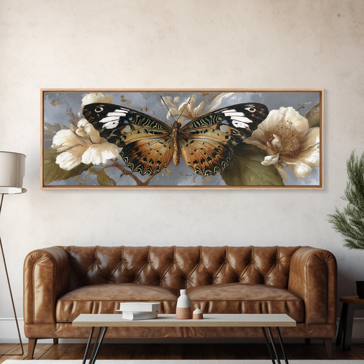 Tropical Butterfly and Flower Study Framed Canvas Print, Tropical Art, Digital Print, Living Room Decor, Fine Art, Tropic, TRO-3x1-87