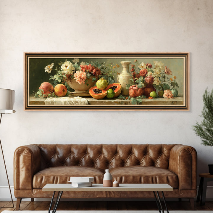 Bright Papaya and Lime Still Life Canvas Print, Tropical Art, Wall Art, Living Room Decor, Oil Painting, Tropic, Pink Wall Art, TRO-3x1-88