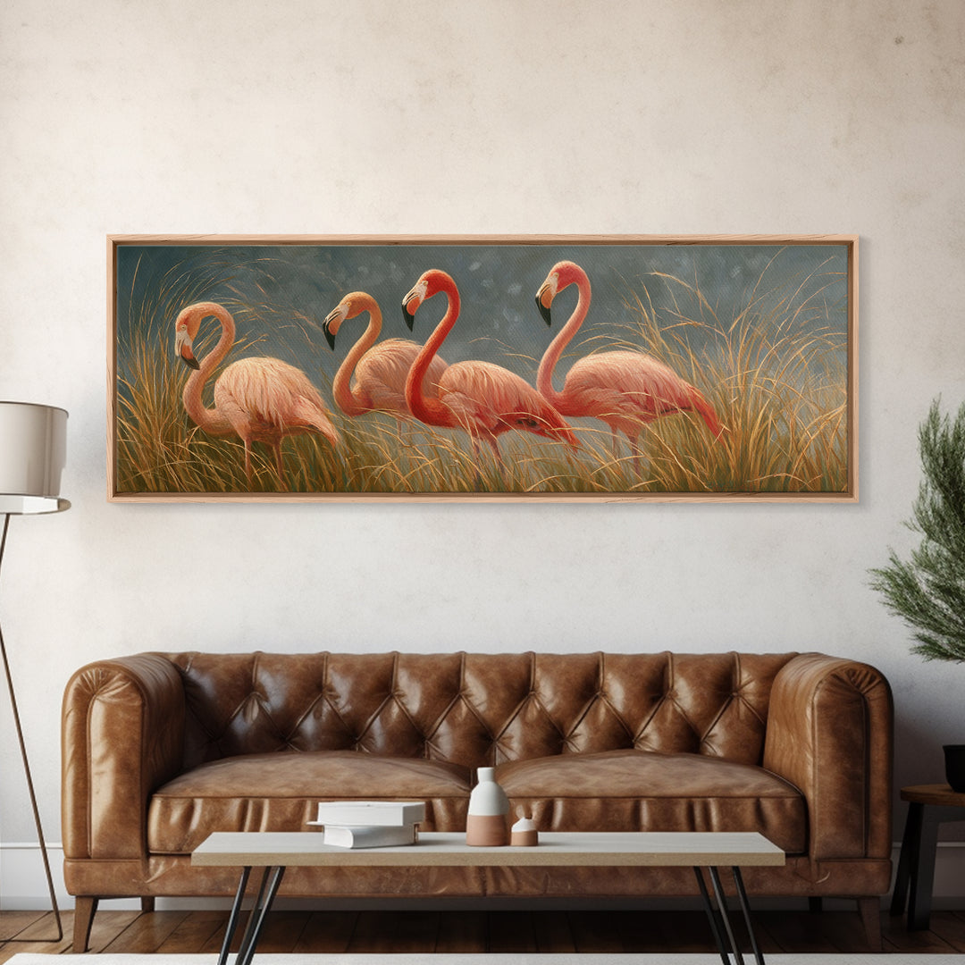 Pink Flamingos Among Tropical Water Plants Framed Canvas Print, Tropical Art, Coastal Art, Living Room Decor, Fine Art, Tropic, TRO-3x1-90