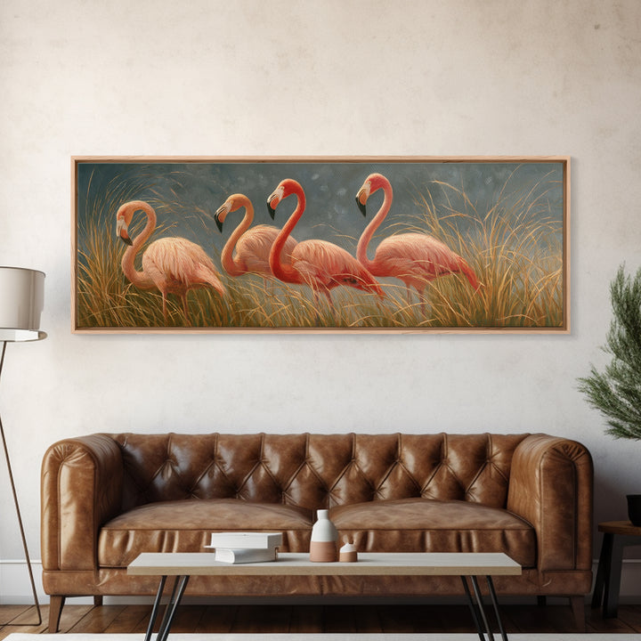 Pink Flamingos Among Tropical Water Plants Framed Canvas Print, Tropical Art, Coastal Art, Living Room Decor, Fine Art, Tropic, TRO-3x1-90