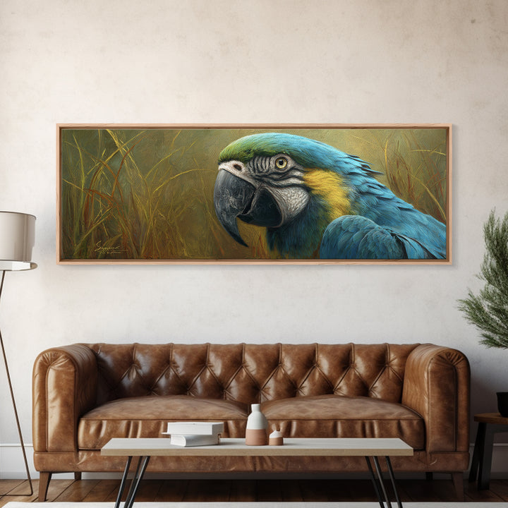 Parrot Portrait with Emerald Feathers Canvas Print, Tropical Art, Textured Painting, Living Room Decor, Fine Art, Tropic, TRO-3x1-96