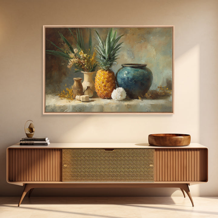 Pineapple and Palm Still Life Framed Canvas Print, Tropical Art, Coastal Wall Art, Living Room Decor, Fine Art, Tropic, TRO-3x2-10