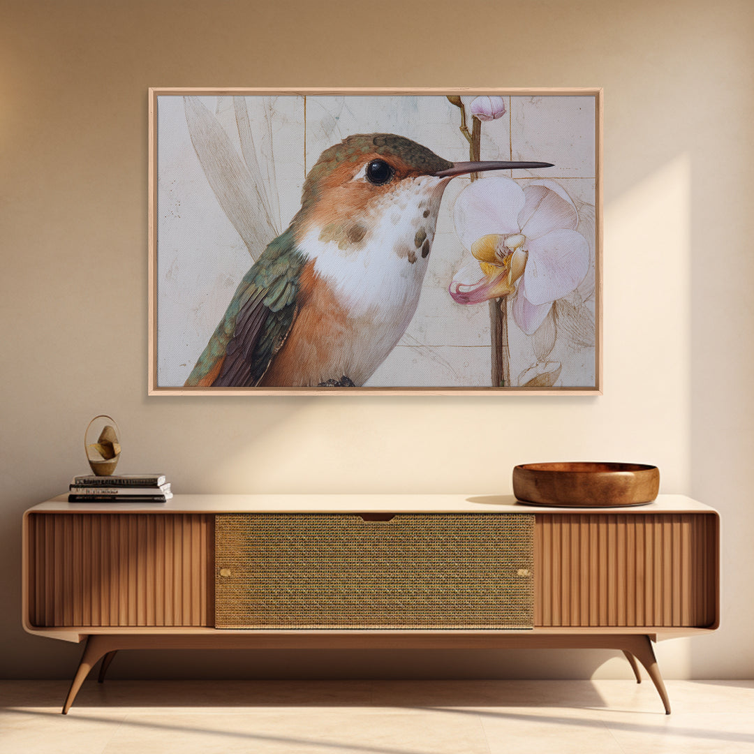 Orchid and Hummingbird Composition Framed Canvas Print, Tropical Art, Pink Wall Art, Living Room Decor, Fine Art, Tropic, TRO-3x2-14
