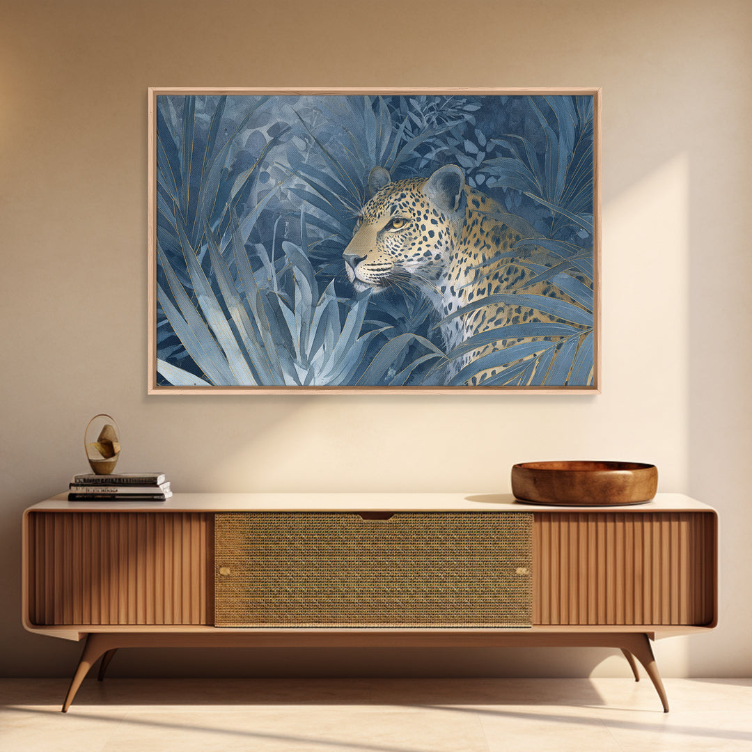 Leopard Hidden Among Palm Leaves Framed Canvas Print, Tropical Art, Oversized Wall Art, Living Room Decor, Fine Art, Tropic, TRO-3x2-18