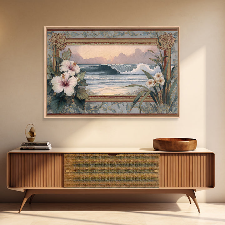 Sunset Surf Scene Framed Canvas Print, Tropical Art, Wall Art Prints, Living Room Decor, Fine Art, Tropic, Beach Wall Art, TRO-3x2-2