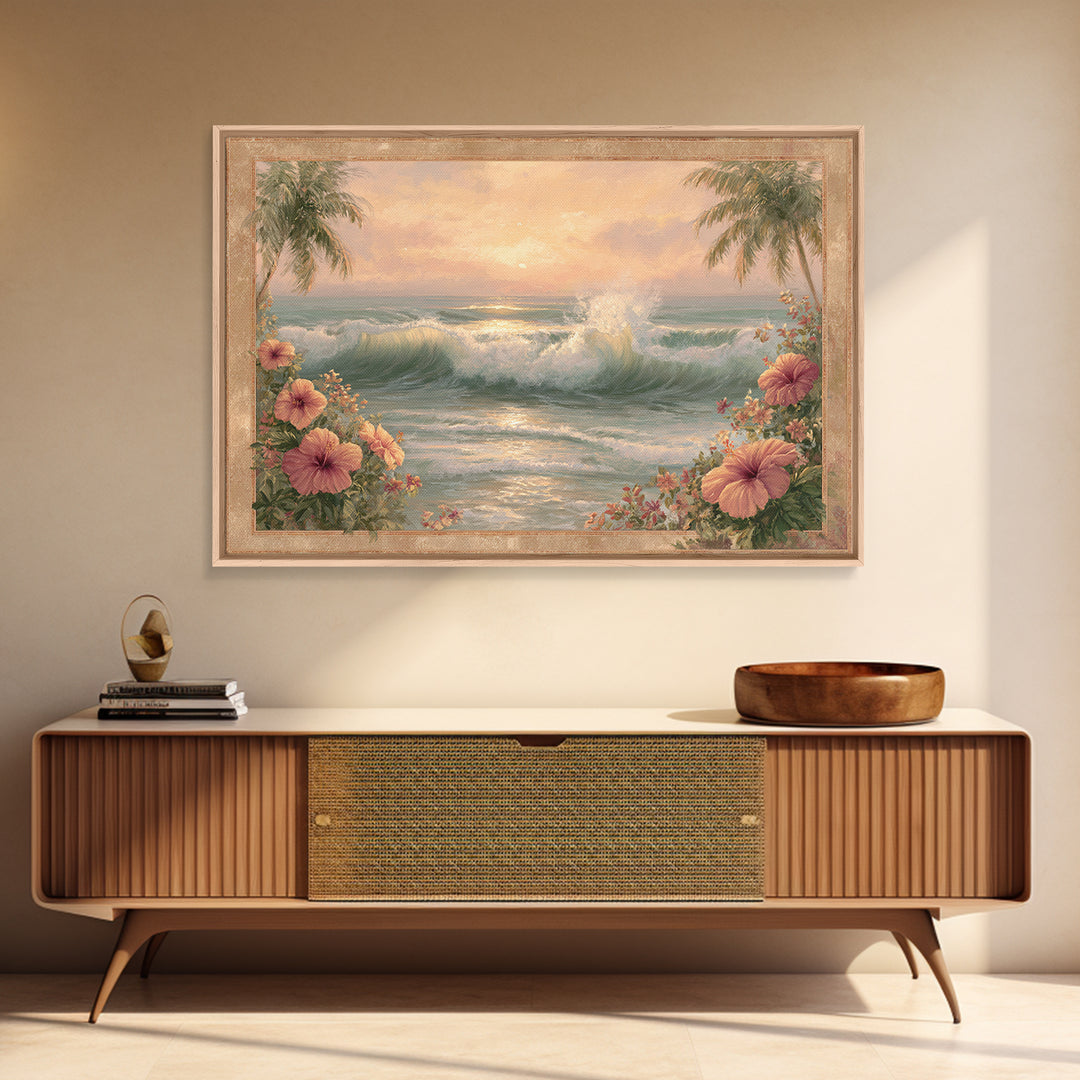 Sunset Surf Scene Canvas Print, Tropical Art, Bird Art, Living Room Decor, Watercolor Art, Tropic, Whimsical Art, Botanical Art, TRO-3x2-26