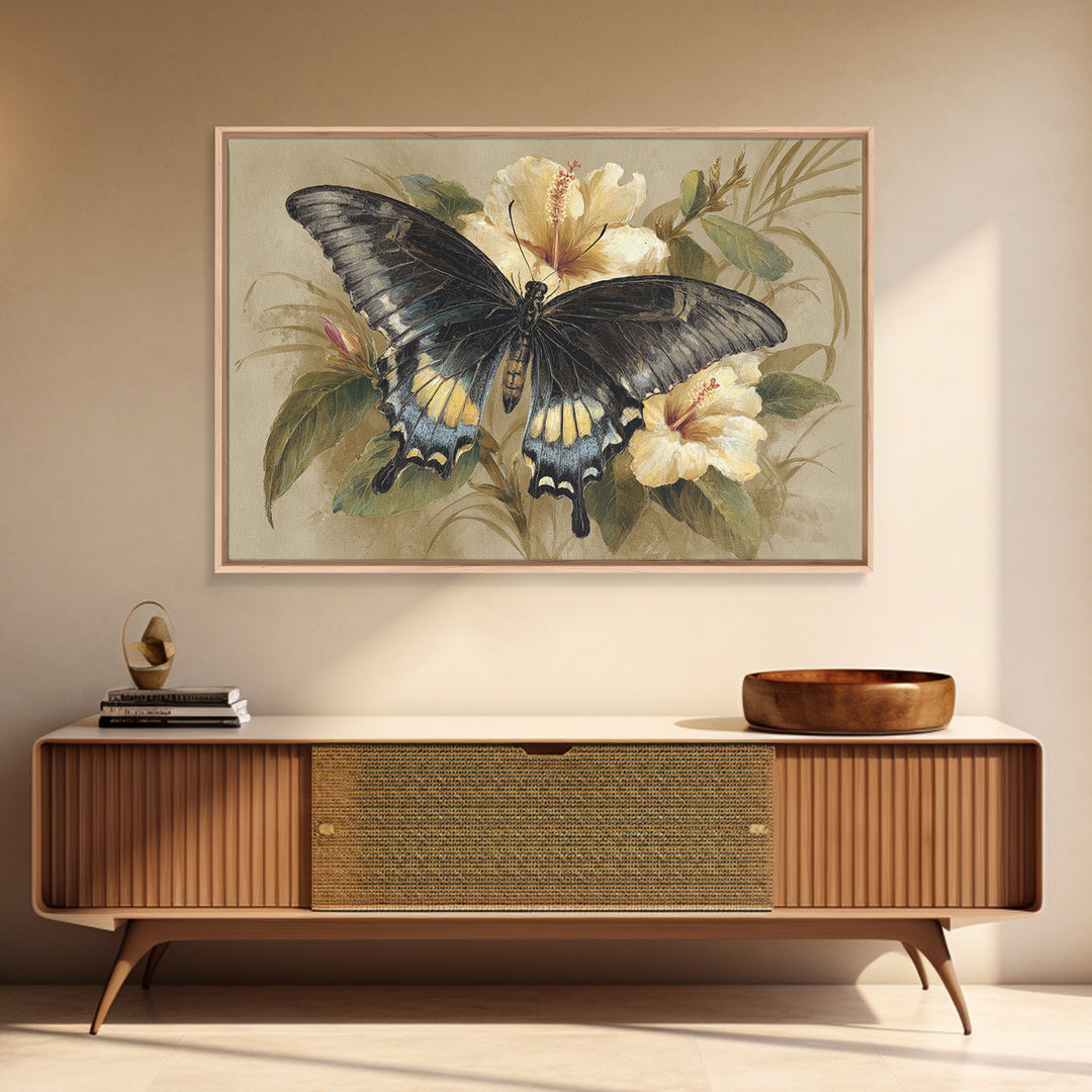Tropical Butterfly and Flower Study Framed Canvas Print, Tropical Art, Gallery Decor, Living Room Decor, Fine Art, Tropic, TRO-3x2-27