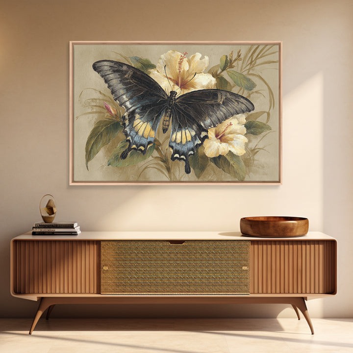 Tropical Butterfly and Flower Study Framed Canvas Print, Tropical Art, Gallery Decor, Living Room Decor, Fine Art, Tropic, TRO-3x2-27