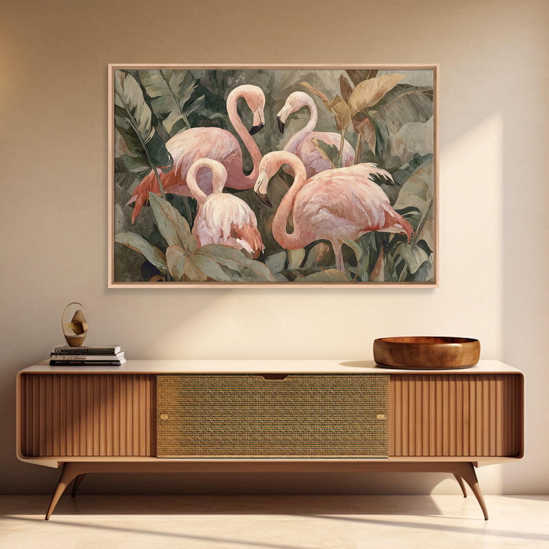 Pink Flamingos Among Tropical Water Plants Canvas Print, Tropical Art, Beach Wall Art, Living Room Decor, Fine Art, Tropic, TRO-3x2-30