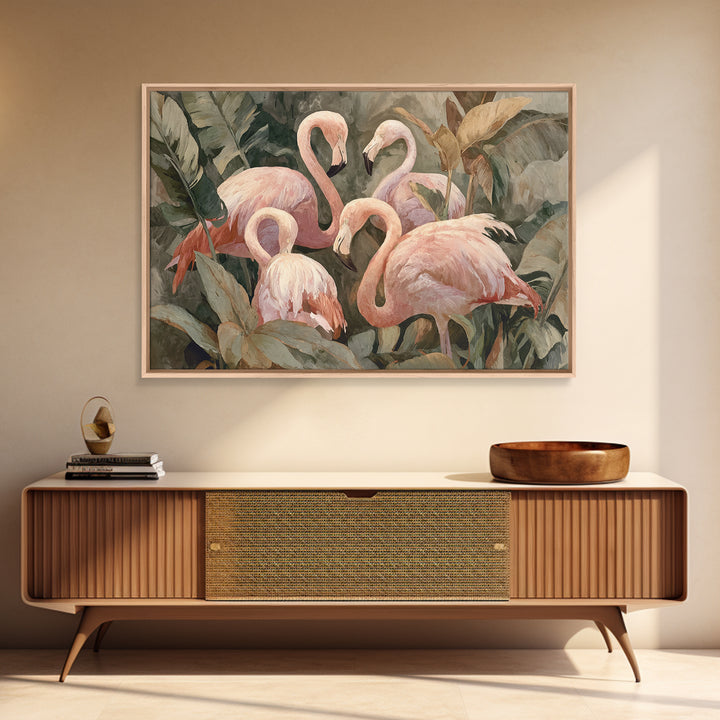 Pink Flamingos Among Tropical Water Plants Canvas Print, Tropical Art, Beach Wall Art, Living Room Decor, Fine Art, Tropic, TRO-3x2-30