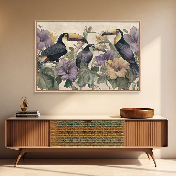 Toucans Surrounded by Bright Jungle Flowers Framed Canvas Print, Tropical Art, Statement Artwork, Living Room Decor, Tropic, TRO-3x2-31