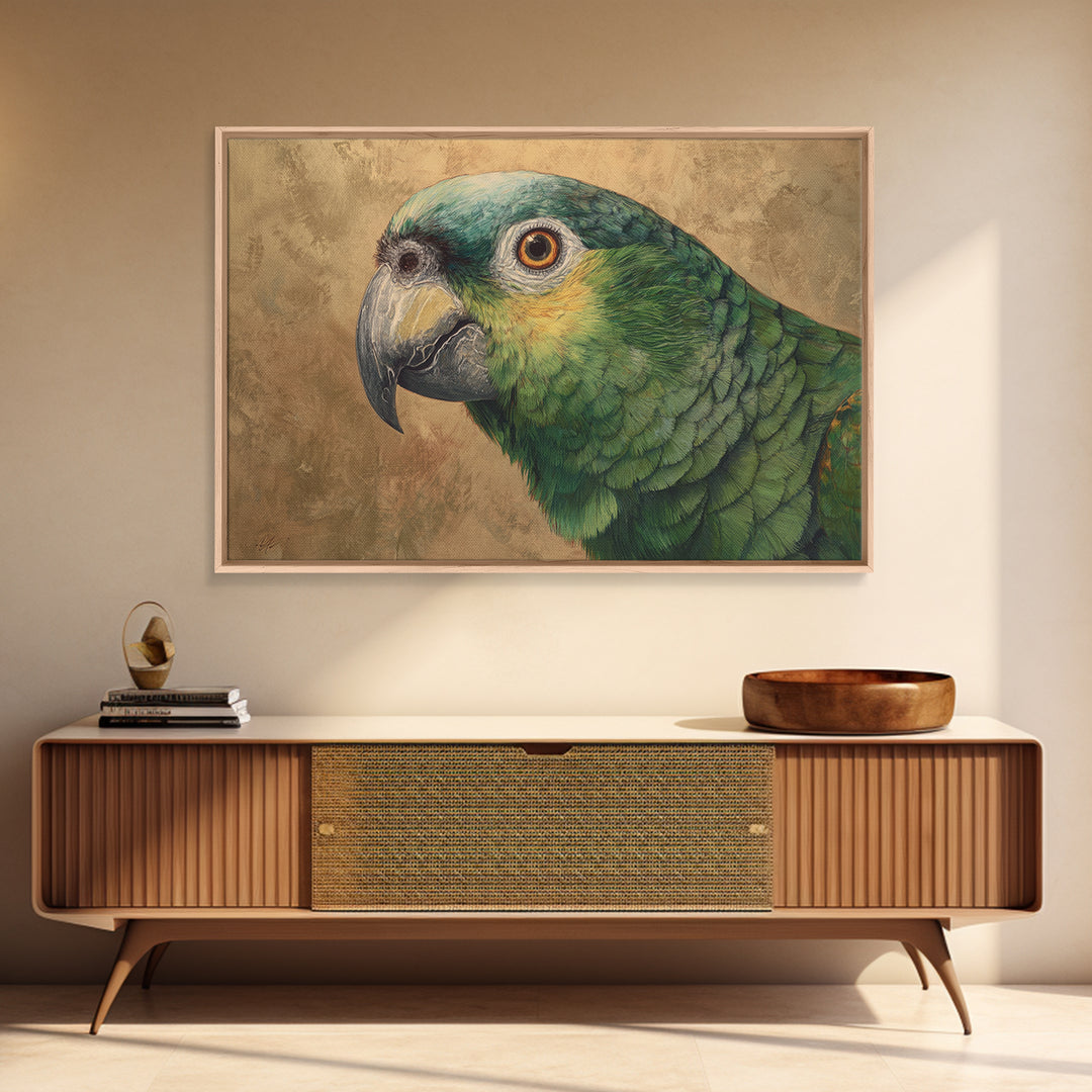 Parrot Portrait with Emerald Feathers Framed Canvas Print, Tropical Art, Whimsical Art, Living Room Decor, Fine Art, Tropic, TRO-3x2-36