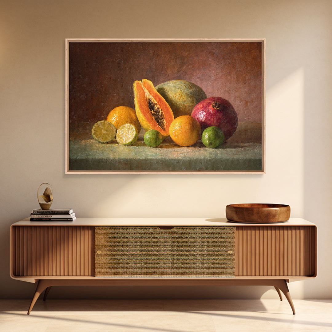 Bright Papaya and Lime Still Life Canvas Print, Tropical Art, Watercolor Painting, Living Room Decor, Oil Painting, Tropic, TRO-3x2-4