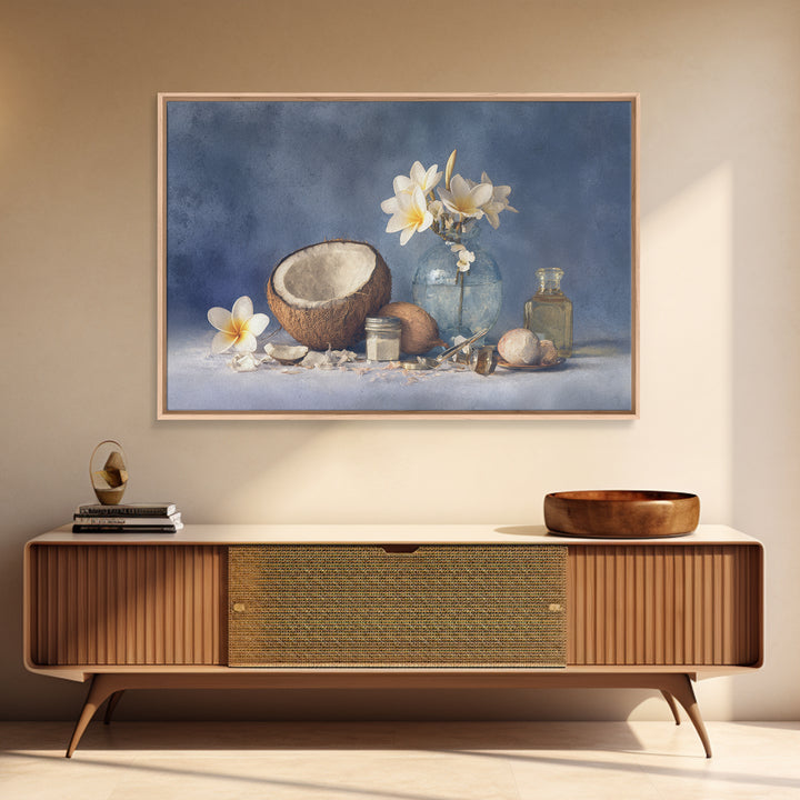 Coconut and Plumeria Still Life Framed Canvas Print, Tropical Art, Botanical Art, Living Room Decor, Oil Painting, Tropic, TRO-3x2-40