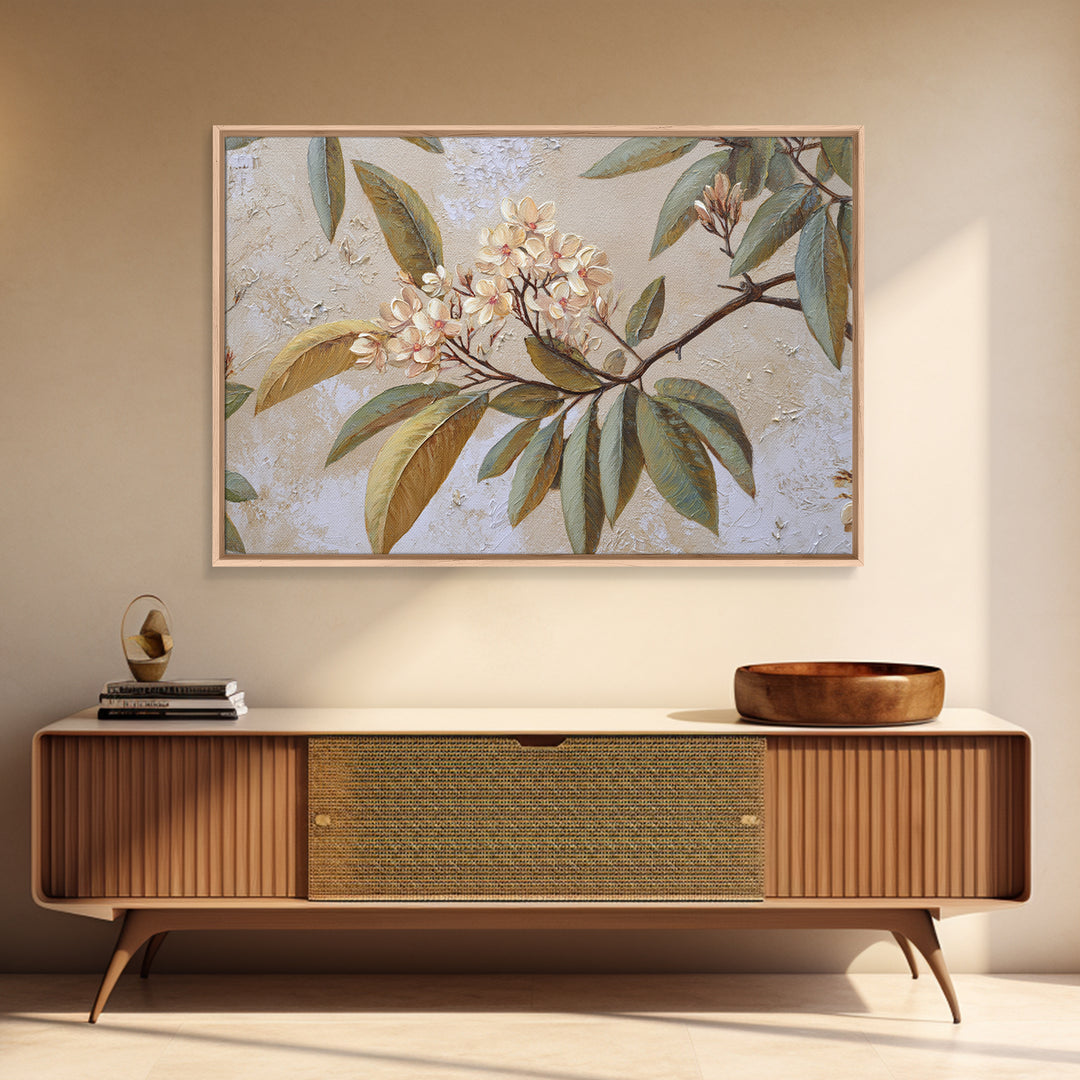 Mango Branch with Leaves and Flowers Framed Canvas Print, Tropical Art, Coastal Decor, Living Room Decor, Fine Art, Tropic, TRO-3x2-46
