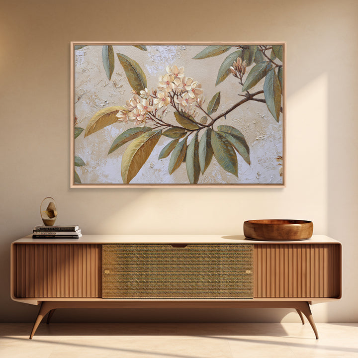 Mango Branch with Leaves and Flowers Framed Canvas Print, Tropical Art, Coastal Decor, Living Room Decor, Fine Art, Tropic, TRO-3x2-46