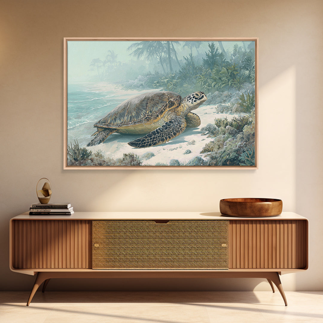 Sea Turtle Near Tropical Reef Framed Canvas Print, Tropical Art, Digital Art, Living Room Decor, Oil Painting, Tropic, TRO-3x2-47